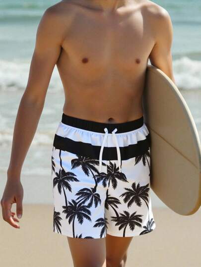 SHEIN 儿童青少年男孩休闲日常百搭舒适椰子树印花宽松梭织沙滩短裤和泳装