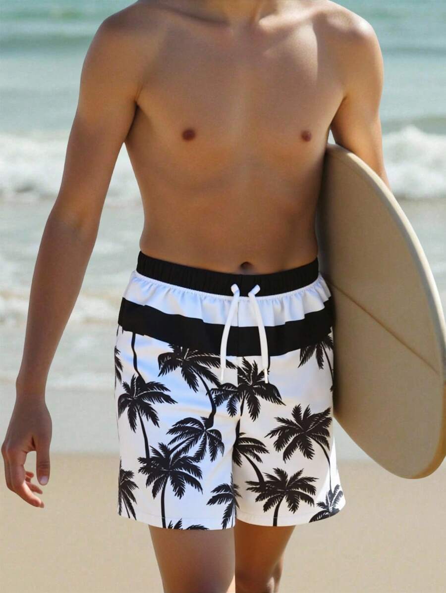 SHEIN 儿童青少年男孩休闲日常百搭舒适椰子树印花宽松梭织沙滩短裤和泳装 - 黑與白 - 查看 1