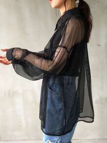 FRIFUL Women Mesh Oversized Long Sleeve Casual Blouse, Spring Summer,Ruffle Sheer,Fall Women Clothes