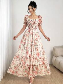 Modelyn 女式法式方领数码印花透视短袖连衣裙