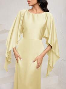 Veilorie فستان طويل ساتان بأكمام كيب أنيقة بياقة مستديرة للنساء، بذيل سمكة لون بني موكا