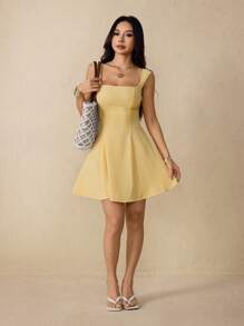 SHEIN PETITE Váy ngắn hở lưng màu vàng bơ thanh lịch lãng mạn cho nữ, váy sinh nhật, váy bó sát đi biển, váy tiệc trà, váy mùa hè cho nữ - Vàng nhạt - Xem 6
