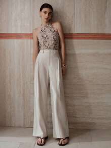 MOTF PREMIUM Pantalones anchos de pierna ancha con bolsillos sesgados plisados sólidos - Beis - Ver 3