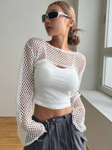 DAZY Hollow Out Drop Shoulder Crop Top Without Cami Top Festival Sheer Long Sleeve Women Tops - White - View 5
