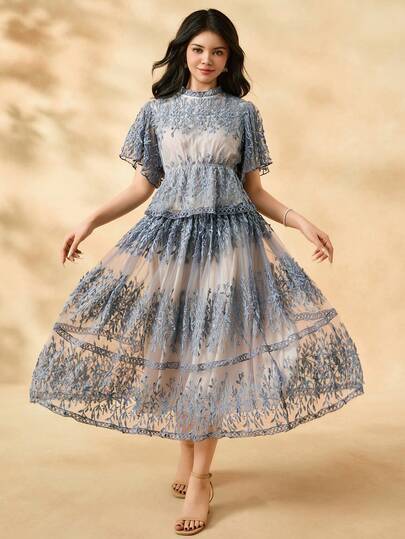 SHEIN 2pcs/Set Teen Girl Elegant 3D Flower Decor Mock Neck Ruffle Sleeve Blouse + Mid-Length Skirt Set