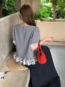 DAZY 女士格子休闲短袖衬衫和宽松阔腿裤两件套 - 藍色 - 查看 2