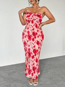 Firerie 大码女式优雅浪漫度假褶皱长裙，红色渐变花卉印花 A 字腰带飘逸度假、婚礼季性感海滩西部节日夏季服装波西米亚长裙 - 彩色 - 查看 3