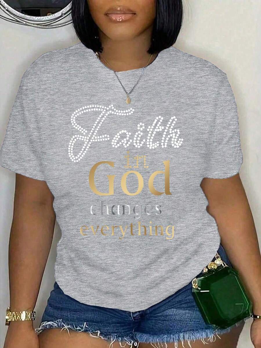 EMERY ROSE 大码女式信仰上帝改变一切字母印花T恤休闲运动时尚短袖上衣街头服饰励志服装图案T恤女式上衣