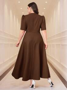 Modelyn Women Plus Size Casual Solid Color Waisted Short Sleeve Dress - Coffee Brown - View 2