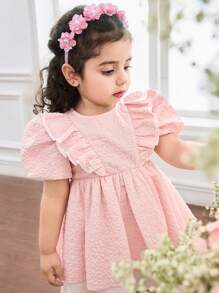 SHEIN Baby Girl Woven Color-Block Ruffle Puff Sleeve Snug Fit Dress - Pink - View 3