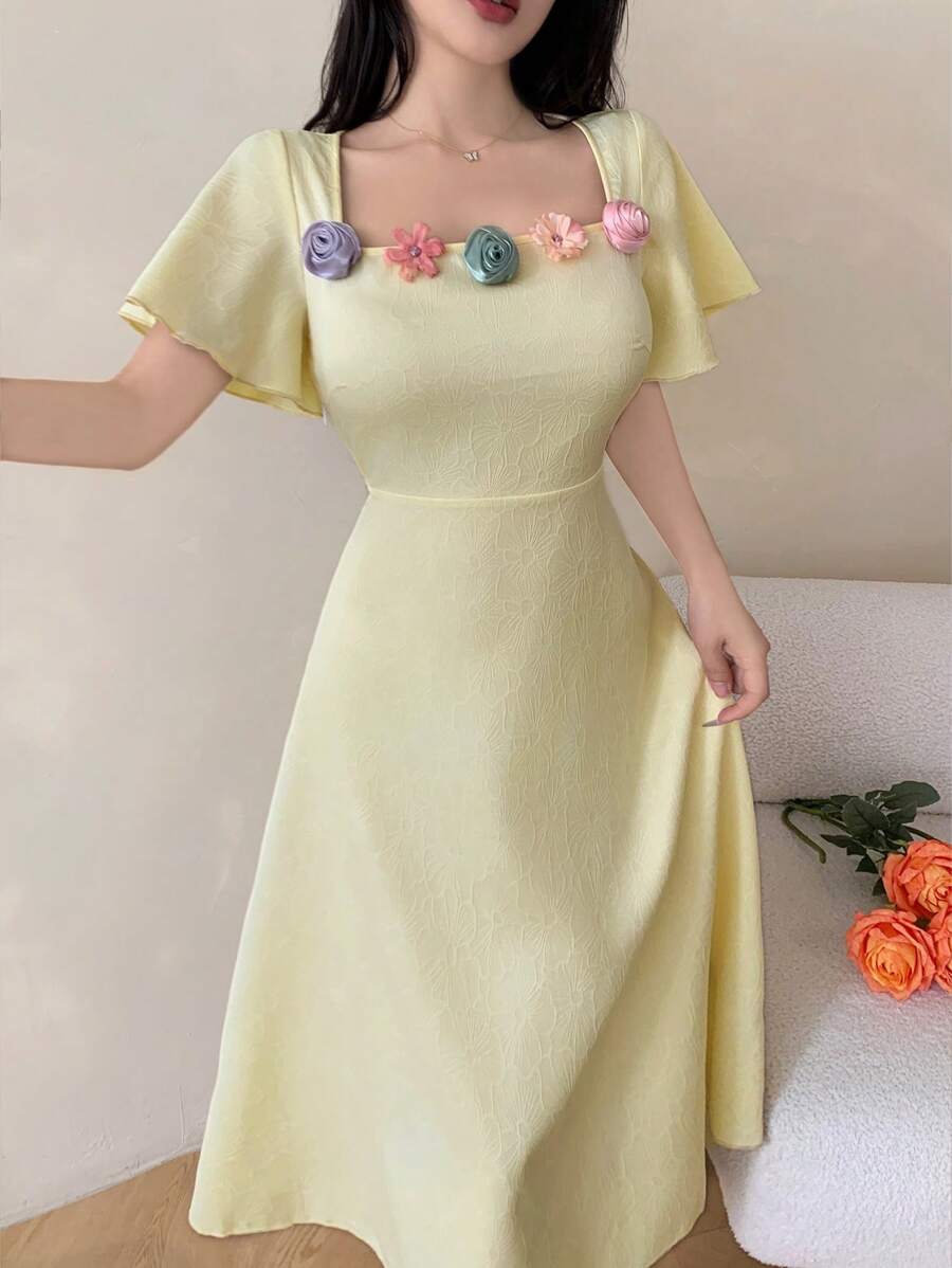 Modelyn Women's Jacquard Mid-Length Dress With Rose Decor, Pale Yellow, Summer - Yellow - View 1
