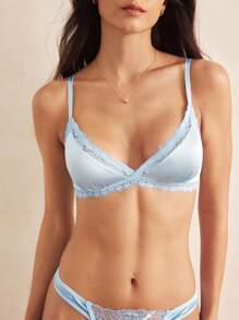 Charlaine 女士纯色蕾丝拼接无钢圈文胸，细肩带内衣