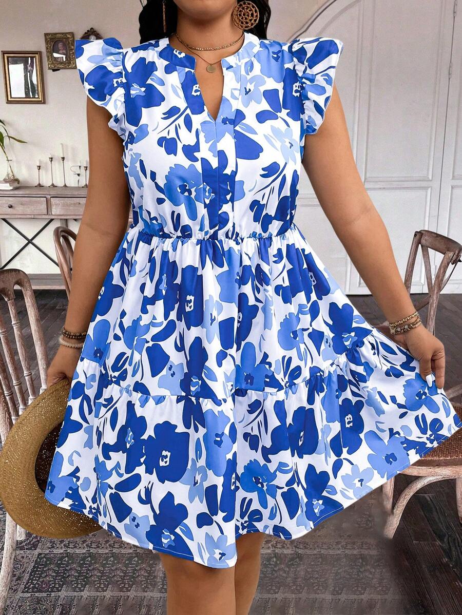 EMERY ROSE Plus Size Random Print Cap Sleeve Casual Dress - Blue - View 1