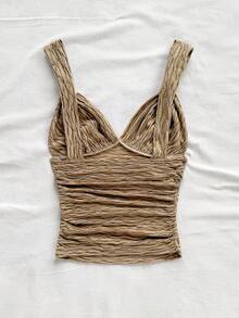 Soleia Women's Resort Ivory Knitted Texture V-Neck Adjustable Strap Fitted Ruched Back Tank Top, Suitable For Party, Date, Afternoon Tea, And Beach Vacation Ruched Top Tan Tops Women Light Brown Top Coffee Brown Top Earthy Tops