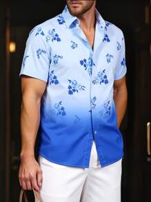 Manfinity RSRT 男士休闲夏日度假花卉渐变印花短袖衬衫 - 藍色 - 查看 1