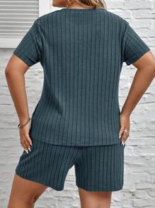 SHEIN LUNE 2件套大码女式夏季纯色圆领短袖T恤和短裤休闲套装 - 霧霾藍 - 查看 2