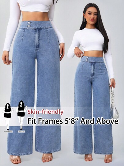 SHEIN Tall CURVE Pantalones vaqueros de talla grande para mujer, de ajuste holgado, de mezclilla azul, para vacaciones de verano, para el 4 de julio, para mujer, de cintura alta, con cintura elástica, pantalones vaqueros con curvas, pantalones vaqueros de pierna ancha, pantalones vaqueros de pierna ancha para mujer, pantalones vaqueros de tiro alto de pierna ancha, pantalones vaqueros de pierna ancha para mujer alta