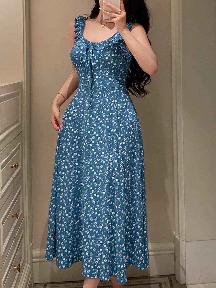 Ditsy Floral Ruffle Collar Cinched Waist Sleeveless Women Nightgown Pajama