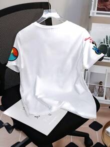 READY PLAYER ONE X SHEIN Camiseta blanca de manga corta con gráfico de figura y letra, estilo casual de calle para mujer, verano - Blanco - Ver 4