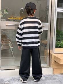 SHEIN 2pcs/Set Tween Boy Casual Korean Style Loose Striped Crew Neck Long Sleeve Sweatshirt And Pants Set, Suitable For Commuting, School, Daily Casual Wear, Sports, Autumn/Winter, Back To School Season Fall