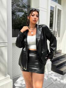 SHEIN EZwear Jaqueta de couro PU plus size fashion para uso diário, cor sólida, outono/inverno - Preto - Ver 2