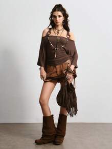 ROMWE Hippie Camiseta de mujer con volantes en los hombros, mangas acampanadas y unicolor de moda - Café integral - Ver 5