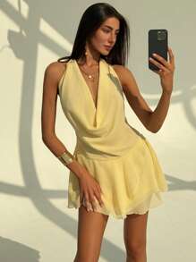 SHEIN PETITE CURVE 夏季大码性感纯色垂坠领露背迷你连衣裙