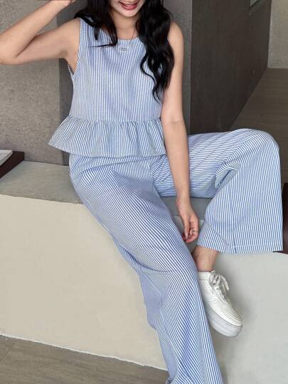SHEIN TEENGIRL 2 Pieces Casual Set: Loose Fitting Blue & White Striped Sleeveless Top And Long Pants, Suitable For Vacation And Minimalist Style Two Piece Women Sets Girl Co Ord Sets Striped Two Piece Set Casual Two Piece Set Teen Outfit Two Piece