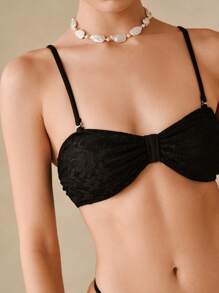 Swim Oasis 3pcs/Set Removable Simple Lace Bandeau Swimsuit Set, Elegant Outfit For Summer Beach Vacation - Black - View 7