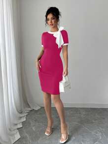 Elenzga 女士优雅侧系带肩部修身夏装 - 玫紅色 - 查看 5