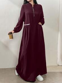 Al Najma Váy dài tay thời trang có khóa kéo cho nữ, phong cách Ả Rập nhẹ nhàng và thanh lịch, trang phục thể thao thường ngày/đi làm/trở lại trường, váy dài kiểu Ả Rập - Màu Đỏ Sâu - Xem 1