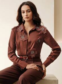 Anewsta Women's Collar Long Sleeve Shirt With 3D Pearl Embroidered Sheer Detailed, Fashionable Modest Spring Fall - Burgundy - View 2