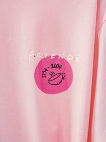 FRIENDS X SHEIN Elena Ilustra Camiseta casual de mujer de verano con estampado de letra y figura, de hombro caído