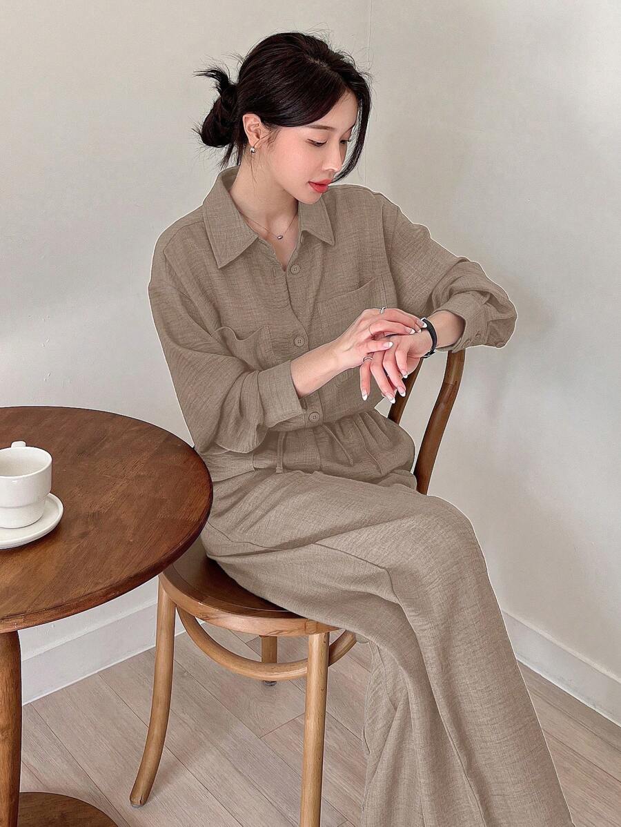 DAZY 纯色落肩长袖口袋衬衫阔腿裤女士两件套,秋季家居服套装 - 卡其色 - 查看 1