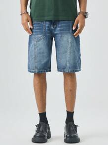 Manfinity EMRG Men's Summer Casual Street Patchwork Pocket Loose Denim Shorts - Medium Wash - View 3