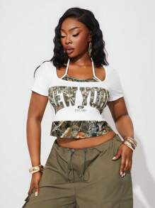 SHEIN SXY Plus Size Women's Spring&Summer Elegant Sexy Daily Basic 2 In 1 Camouflage Pattern Printed Slogan Short Tee,Halter Neckline And Color Blocking Design,Suitable For Western Wear,Cruise Attire,Music Festival,Concert,Carnival Party - Multicolor - View 4