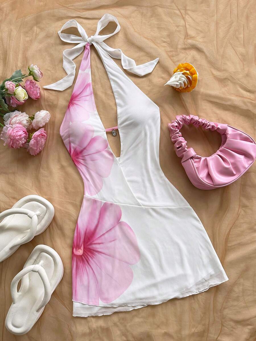 Soleia Vestido mini ajustado con estampado floral de strass falso, escote en V profundo, apropiado para vacaciones, atuendo de verano, estilo bohemio, crochet, lino
