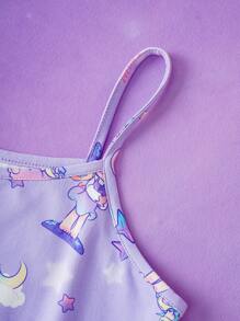 Pop Mart Azura X SHEIN Tween Girl Cartoon Dreamy Star & Rainbow Printed Purple Cute Camisole Top & Loose Shorts Pajama Set