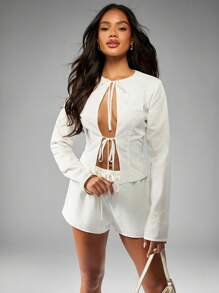 MISSGUIDED Embroidered Long Sleeve Cut Out Blouse Festival Boho Chic Evening Resort Party Tie Front Summer Beach Top - White - View 4