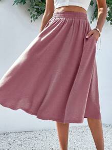 Breezaya 女士纯色松紧腰口袋休闲宽松半身裙 - 粉色 - 查看 6