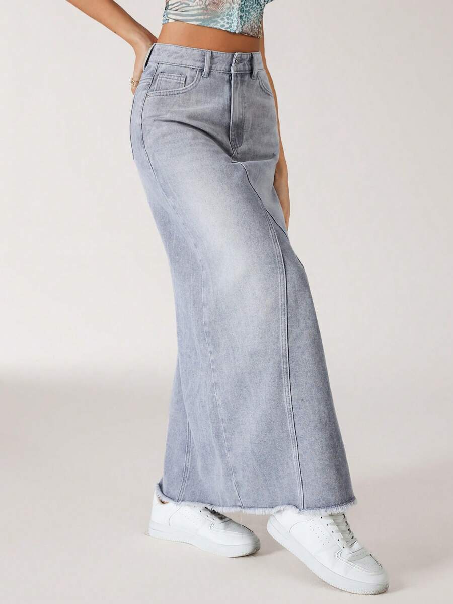 SHEIN EZwear 女式休闲日常洗水开口袋牛仔裙 - 藍色 - 查看 1