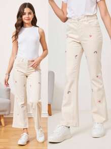 青少年女孩休闲喇叭牛仔裤，带有彩色心形刺绣装饰，时尚舒适，适合所有季节、度假、夏季、旅行 - 米色 - 查看 1