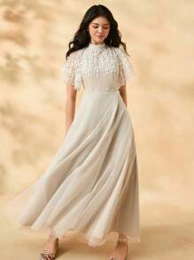 Elegant And White Flowing Mesh Dress With Delicate Lace Decoration For Teen Girl Suitable For Party, Formal Occasion, Outdoor - Apricot - View 7
