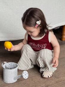 Hapijoa 2件套婴幼儿女童圆领吊带背心和宽松条纹阔腿裤家居服套装 - 紅色 - 查看 5