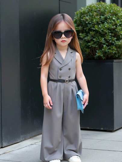 SHEIN Sommer Elegant Grau Ärmelloses Baby-Mädchen Jumpsuit mit Anzugkragen