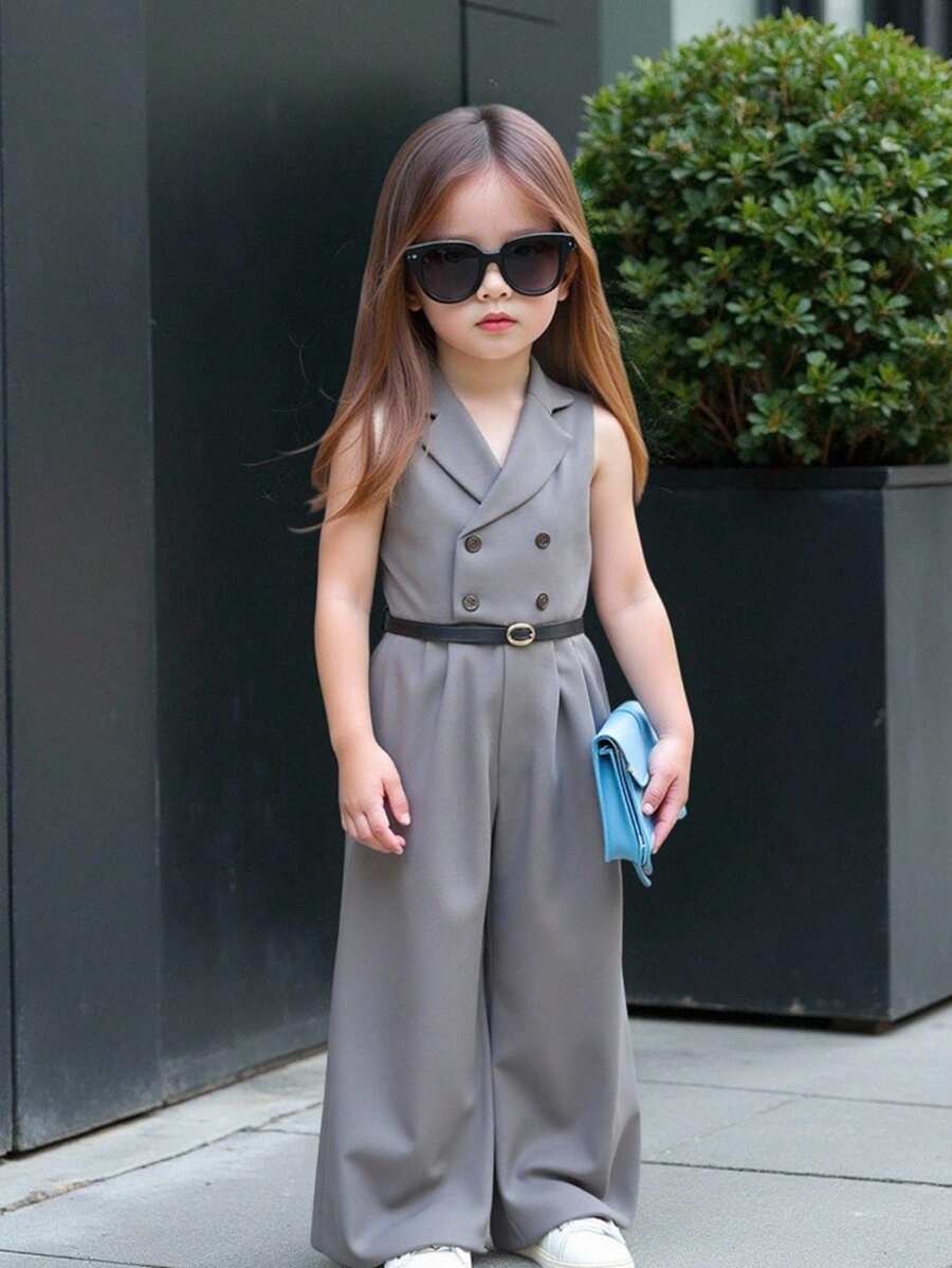 SHEIN 女婴优雅灰色无袖连体衣，带领子（不含腰带），夏季