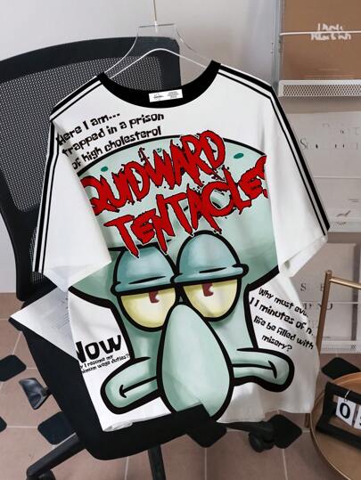 SpongeBob SquarePants | SHEIN 男士休闲运动卡通与口号撞色条纹落肩宽松 T 恤，夏季