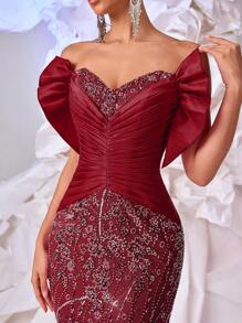 Glamrae Elegante y lujoso vestido de bola satinado, fruncido y con cola de pez con cuentas y lentejuelas, adecuado para bodas, fiestas, vacaciones, galas y eventos formales (resistente)