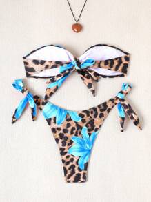 Swim SXY Women's Leopard Floral Print Backless Halter Bikini Set, 2Pcs Swimsuit, Summer Beach