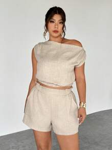 Firerie 2pcs Plus Size Women Linen Color Asymmetrical Shoulder Ruched Blouse And Shorts Set, With Pockets, Lightweight, Comfortable, Fit For Spring/Summer/Autumn, Suitable For Commute, Elegant, Casual, Beach, Bohemian, Hawaii,Two Piece Set Women